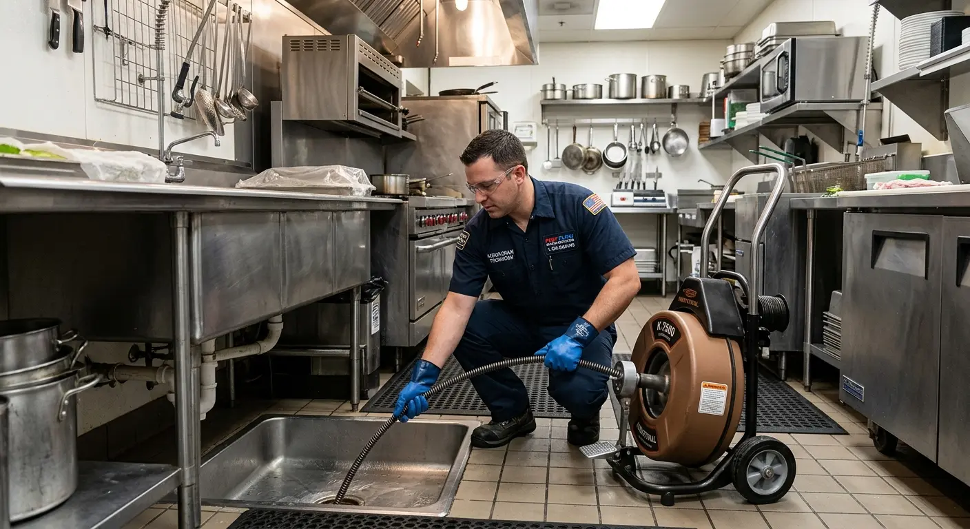 Commercial drain cleaning service in a restaurant kitchen in Aloha